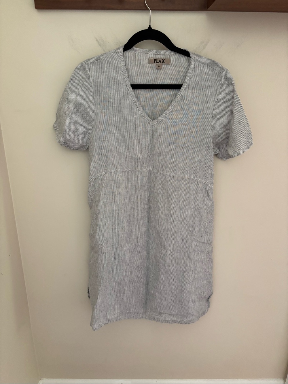 Flax Striped Linen Tee Shirt Dress V Neck Pockets Size 4-6